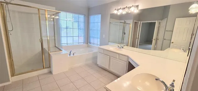 a bathroom with a tub sink and mirror