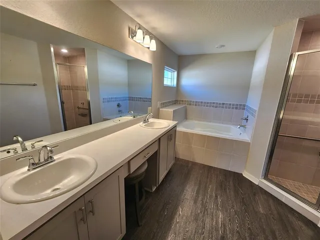 a bathroom with a double vanity sink a mirror and a bathtub