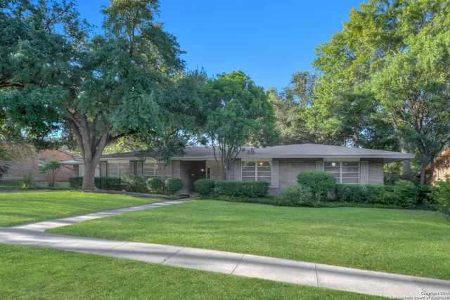 a view of a house with a big yard potted plants and large trees