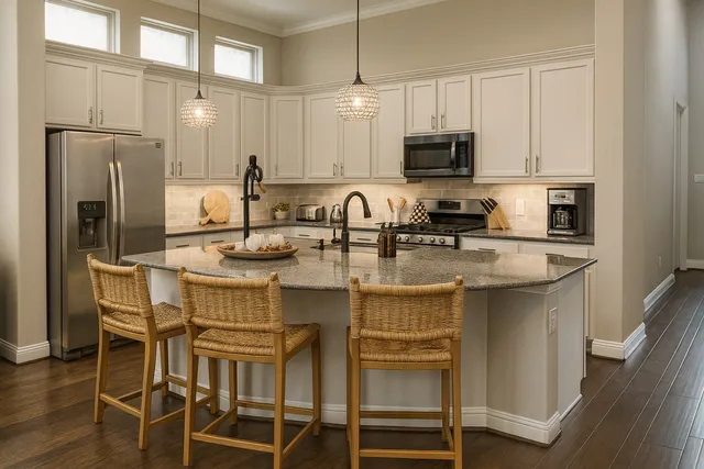 a living room with furniture a chandelier and a table