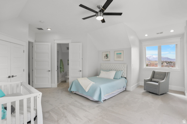 1354 South 800 East Mapleton, UT 84664 - Photo 68 of 129 Carpeted bedroom with a mountain view, lofted ceiling, ensuite bath, a ceiling fan, and recessed lighting