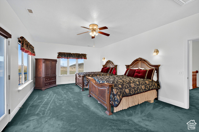 4768 East Hickman Canyon Road Stockton, UT 84071 - Photo 30 of 85 Bedroom with dark carpet and a ceiling fan.