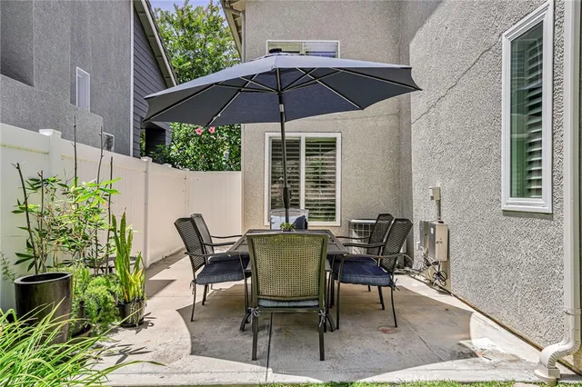 a patio table and chairs under an umbrella