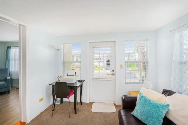 a living room with furniture a rug and a window