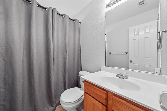 a bathroom with a sink a toilet a mirror and shower curtain