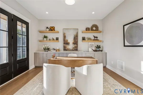 a room with table and window