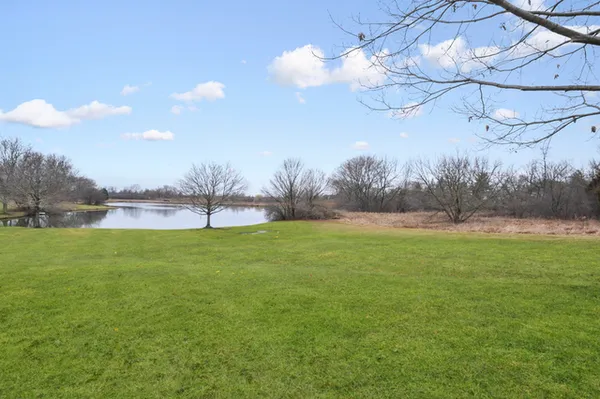a view of a field of grass and trees