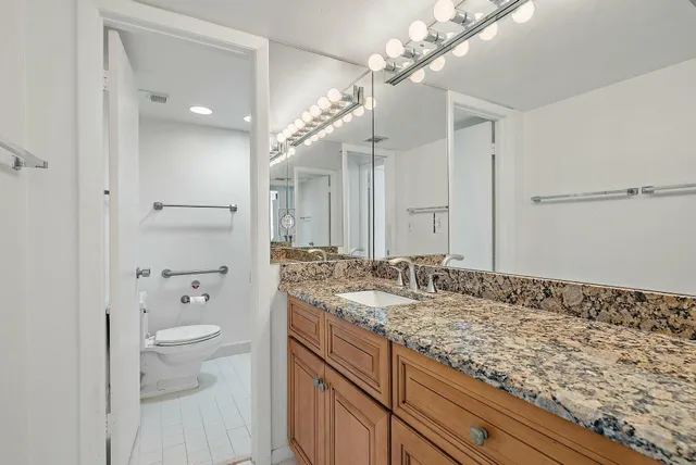 a bathroom with a granite countertop sink a toilet and shower