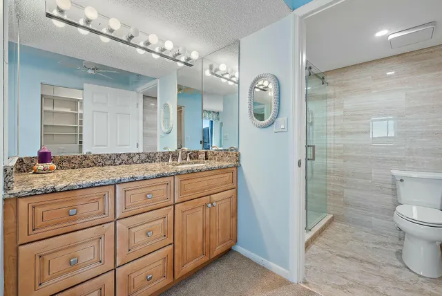 a bathroom with a granite countertop sink a toilet and a mirror
