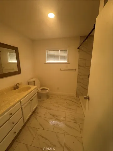 a bathroom with a sink a toilet and mirror