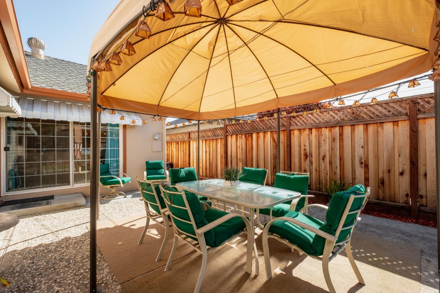 265 Bieber Drive San Jose, CA 95123 - Photo 25 of 28 a view of a patio with table and chairs under an umbrella