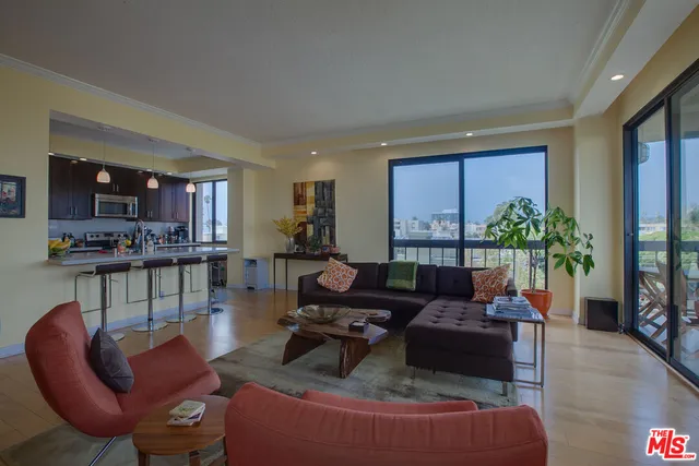 a living room with furniture potted plant and kitchen view