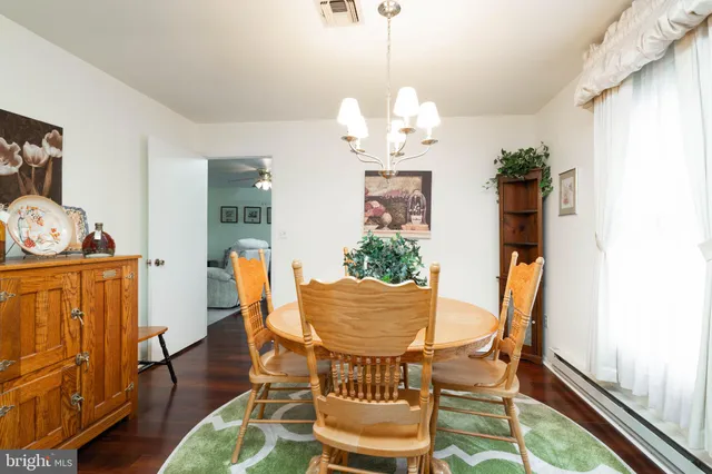 a view of a dining room with furniture wooden floor and chandelier