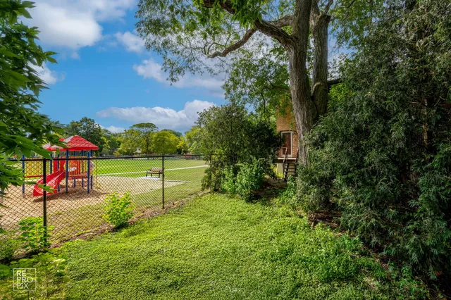 a view of a park with large trees