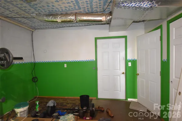 a storage room with furniture and a potted plant