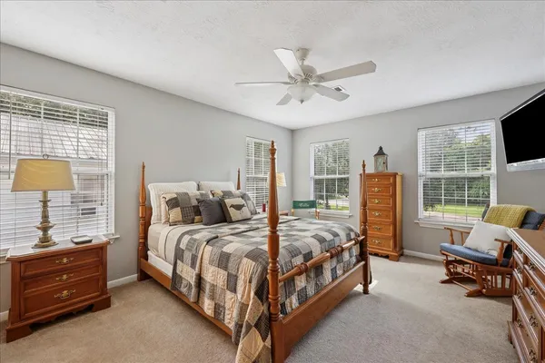 a bedroom with a bed a couch and a flat tv screen on the dresser