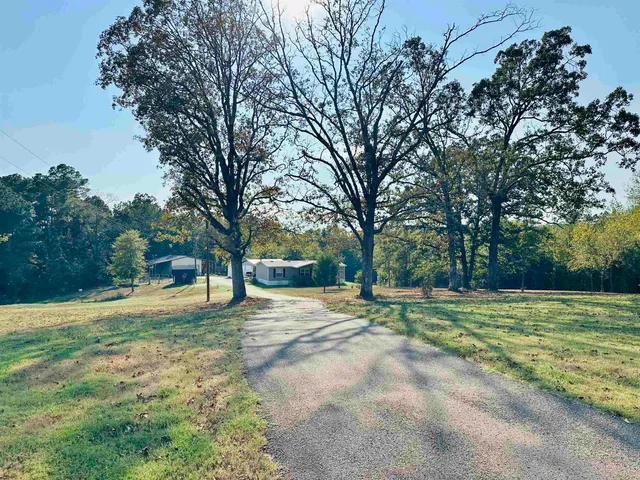 a view of a ground with trees in the background