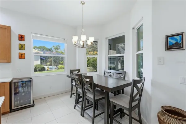 a view of a dining room with furniture window and outside view