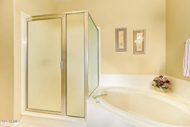 a bathroom with a tub and shower
