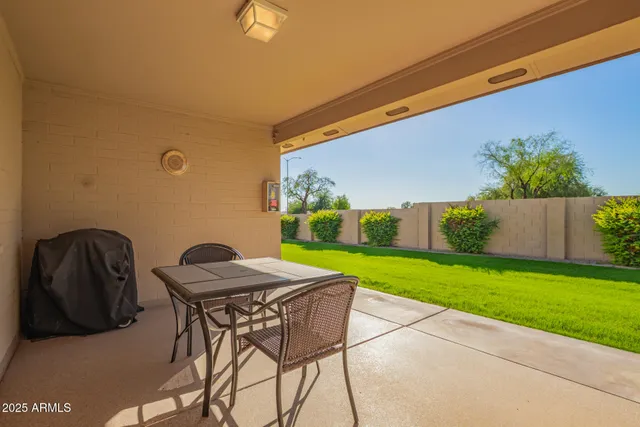 a view of a backyard with table and chairs and potted plants