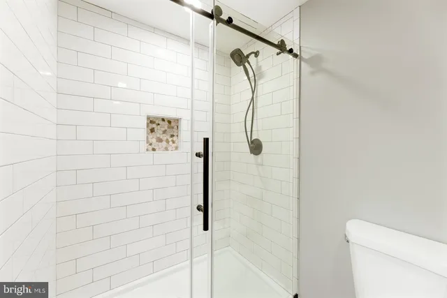 a bathroom with a shower and a toilet
