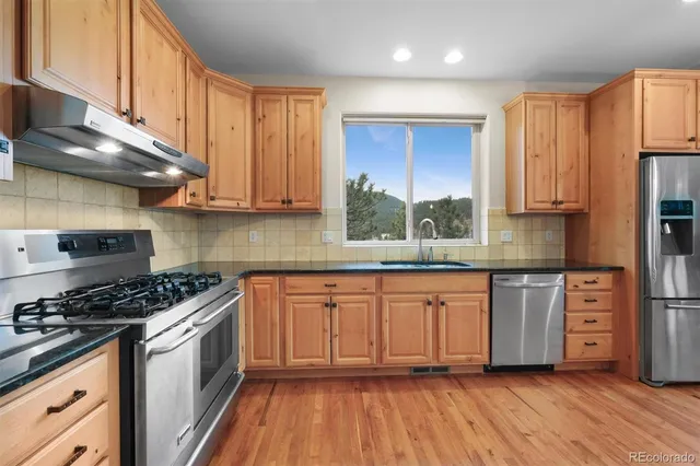 a kitchen with stainless steel appliances granite countertop a stove a sink dishwasher and a refrigerator with wooden cabinets