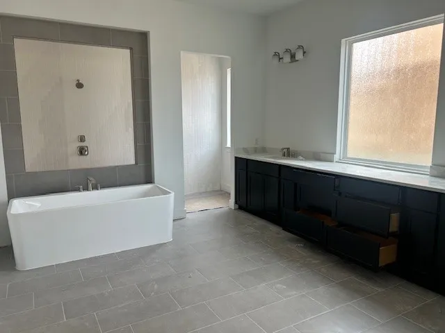a bathroom with a bathtub and a sink