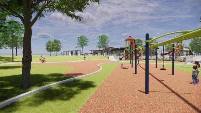 a view of a park with swings