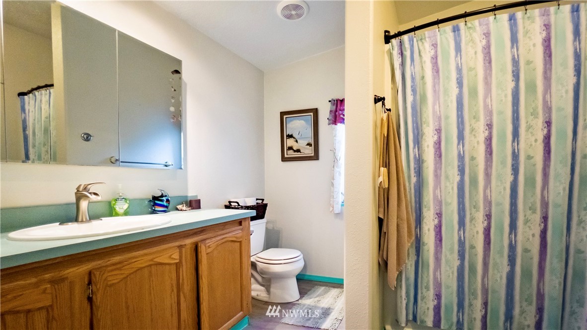 291 Spencer Road Sequim, WA 98382 - Photo 13 of 24 a bathroom with a sink a toilet and shower curtain