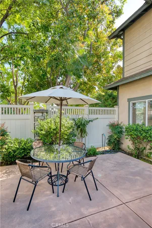 a garden view with a seating space