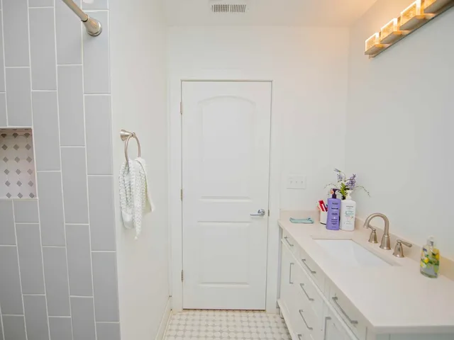 a bathroom with a sink and a shower