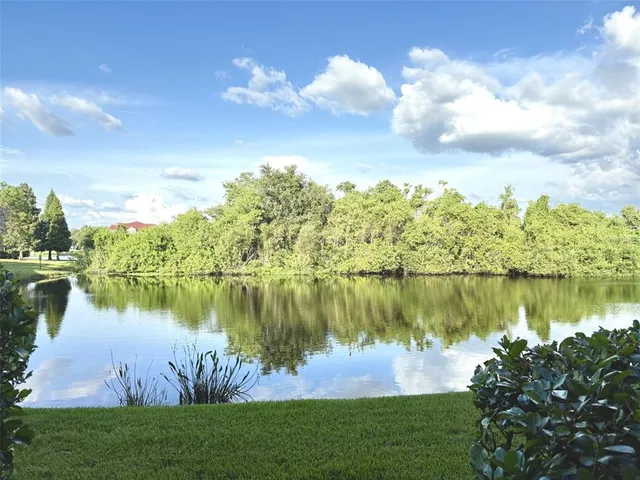 a lake view with a garden