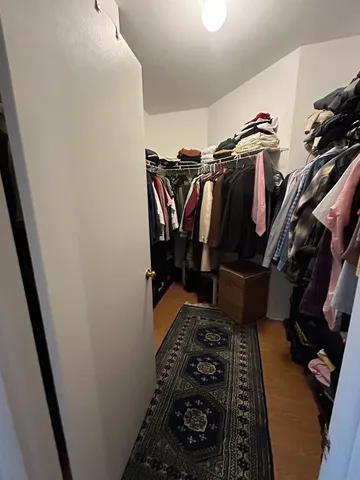 a view of walk in closet with clothes and shoes