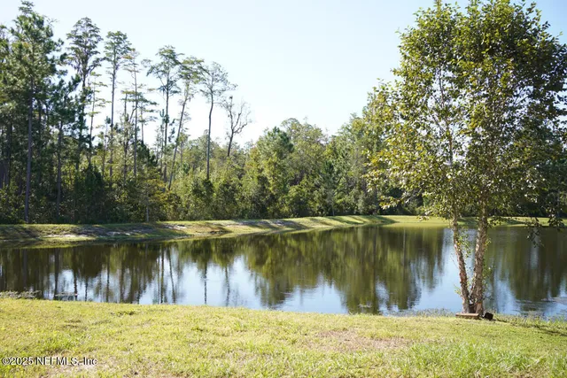 a view of a lake with a yard and large trees