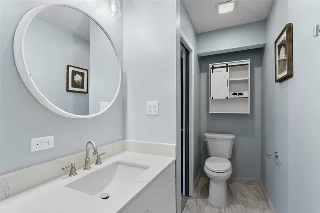 a bathroom with a toilet sink and mirror