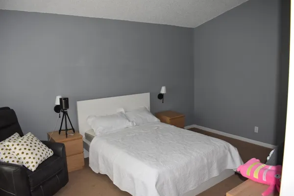 a bedroom with a bed and a couch