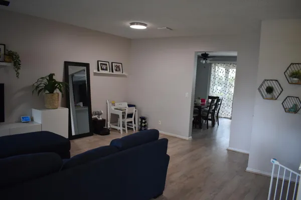 a living room with furniture and a potted plant