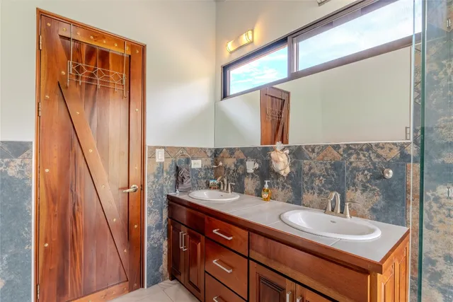 a bathroom with a sink a mirror and a shower