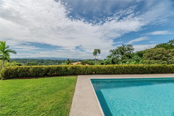 a view of a garden with a building in the background