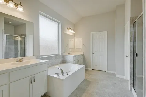 a bathroom with a sink a tub and a mirror