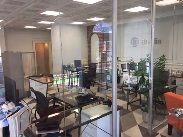 a view of a dining room with furniture