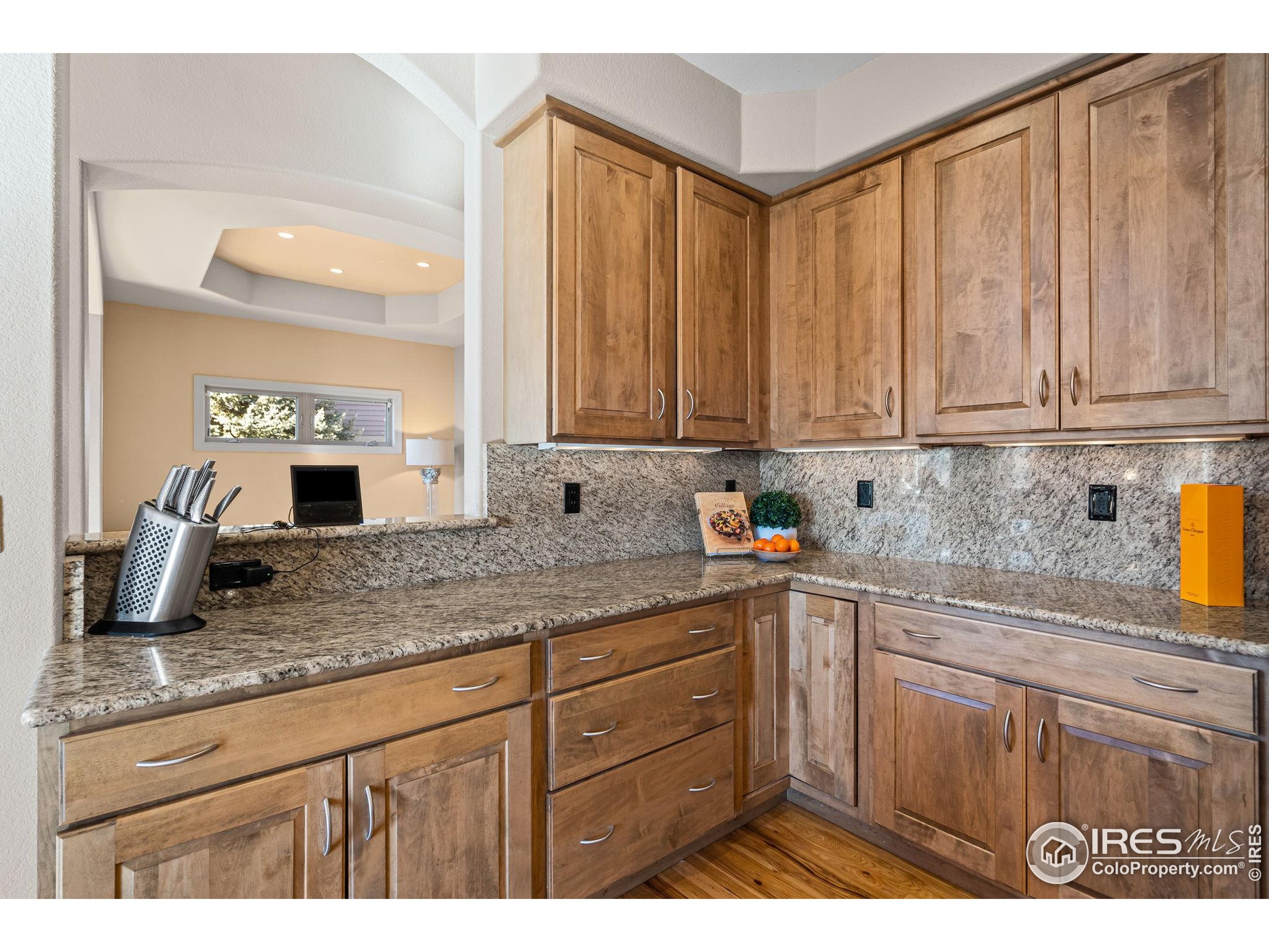 621 Roma Valley Drive Fort Collins, CO 80525 - Photo 14 of 50 a kitchen with granite countertop a sink dishwasher stove and cabinets
