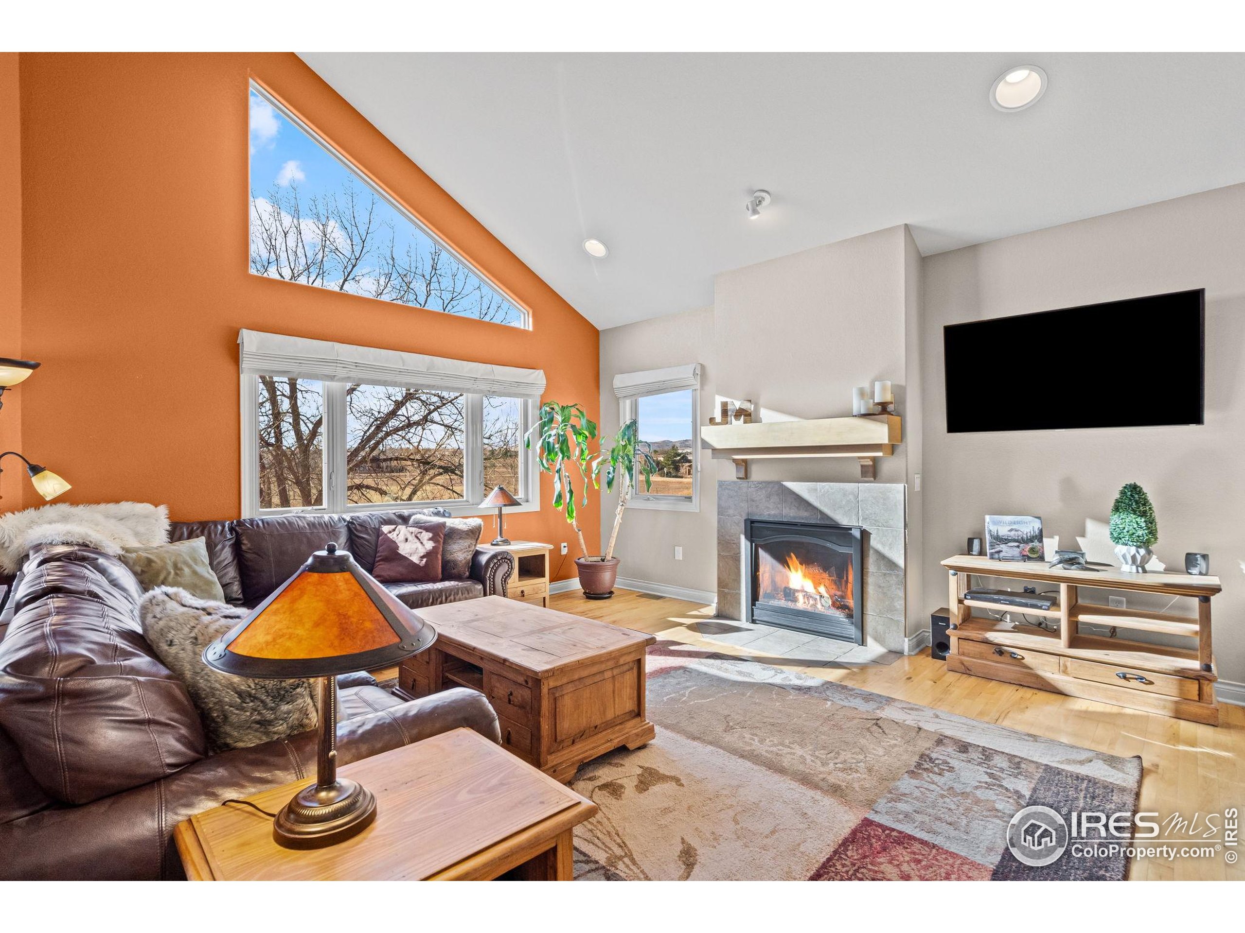 621 Roma Valley Drive Fort Collins, CO 80525 - Photo 8 of 50 a living room with fireplace furniture and a flat screen tv