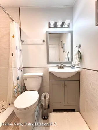 a bathroom with a sink a toilet and mirror