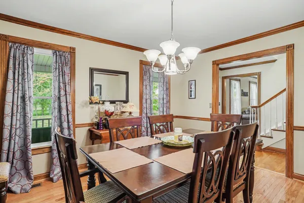 a view of a dining room with furniture window and wooden floor