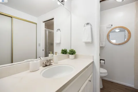a bathroom with a granite countertop sink toilet and a mirror