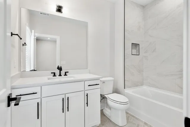 a bathroom with a toilet a sink a mirror a bathtub and vanity