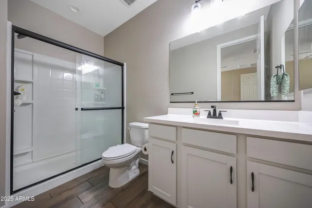 a bathroom with a sink a toilet and shower