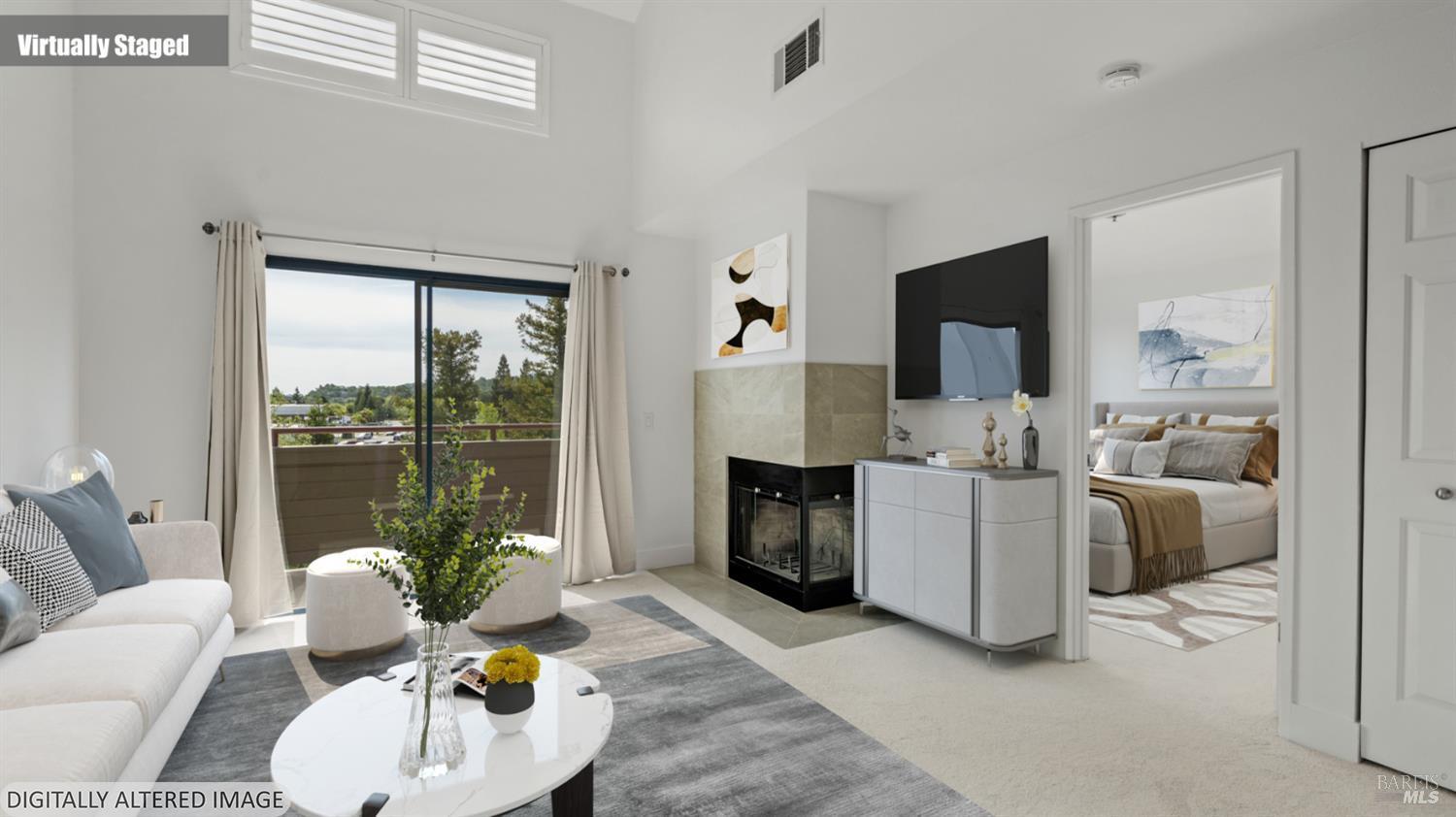 302 Mariner Way Novato, CA 94945 - Photo 7 of 20 a living room with furniture a flat screen tv and a floor to ceiling window