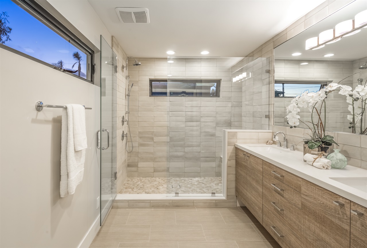 244 Pacific Avenue Solana Beach, CA 92075 - Photo 13 of 20 Large shower with 2 shower heads and soap/shampoo niche well hidden. Handmade concrete tile.